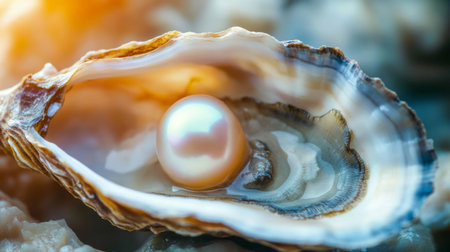 Close-up of an open oyster revealing a luminous pearl inside, highlighting the raw, organic beauty of this natural gem.の素材