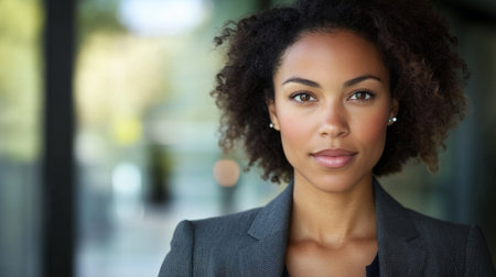 Detailed shot of a businesswoman with a clear, strong expression, dressed in a tailored blazer, emphasizing her role in leadership and business.の素材