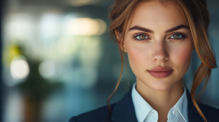Detailed close-up of a businesswoman with an assertive expression, wearing a smart suit and showcasing her professional demeanor and expertise.の素材