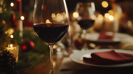 Close-up of a wine glass with a perfectly poured glass of red wine, with a backdrop of a festive dinner setting and soft candlelight.の素材