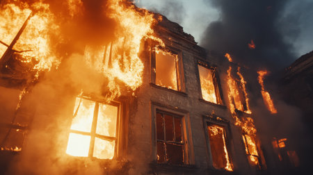 Close-up of an abandoned building on fire, with flames reaching out from windows and smoke filling the sky, highlighting the scene destruction.の素材