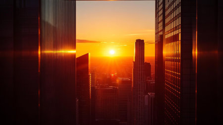 Close-up of the sun setting between skyscrapers, with the building edges creating a natural frame for the warm, colorful sunset and the city skyline.の素材