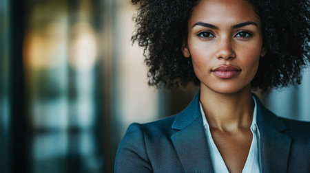 Detailed shot of a businesswoman with a clear, strong expression, dressed in a tailored blazer, emphasizing her role in leadership and business.の素材