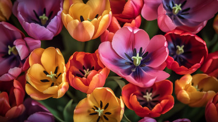 Close-up view of a cluster of colorful tulips with rich, saturated hues and smooth, velvety petals, capturing their elegance and charm.の素材