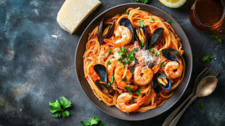 Delicious seafood pasta from above, with shrimp, clams, and mussels mixed in a rich tomato sauce, garnished with parsley and Parmesan cheese.の素材