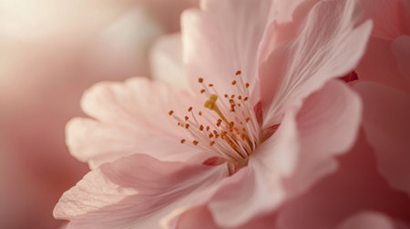 Detailed shot of a blooming cherry blossom with soft pink petals and fine details, capturing the fleeting beauty of spring.の素材