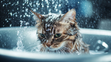 Detailed shot of a cat being bathed in a pet bathing tub, with water splashing around and the cat's fur glistening, emphasizing the bath time environment.の素材