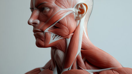 Detailed portrait of a human shoulder and neck area, showcasing muscle definition and skin texture, with emphasis on posture and body alignment.の素材
