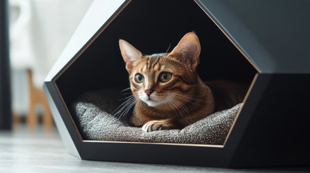 Detailed shot of a cat house with a unique geometric design, featuring a sleek entrance and soft bedding inside, captured up close.の素材