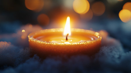 Detailed shot of a single candle flame with a focus on the delicate, dancing light and the melting wax surrounding it, evoking a cozy atmosphereの素材