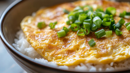 Detailed shot of a hot, perfectly fried omelette placed over rice, the egg soft and crispy layers captured up close, with green onions sprinkled on top.の素材