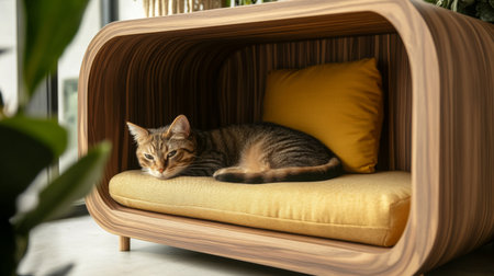 Detailed shot of a wooden cat house with a stylish design, featuring a cushioned interior and a small entrance, perfect for a cat's relaxation.の素材