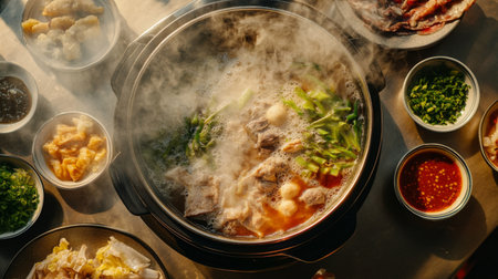 Detailed shot of a hot pot with various dipping sauces on the side, capturing the steam and sizzling ingredients as they cook in the pot.の素材