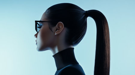 Detailed shot of a woman with a stylish, high ponytail, emphasizing the sleek, smooth texture and the contemporary, fashionable design.の素材