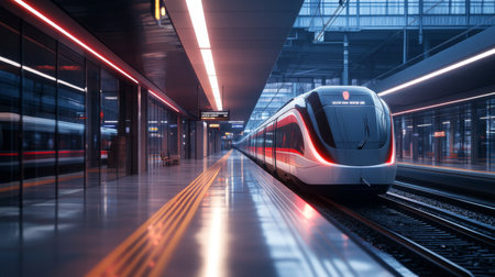 Detailed shot of an electric train station with a train waiting at the platform, capturing the contemporary architecture and the train modern design.の素材