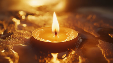 Detailed shot of a single candle flame with a focus on the delicate, dancing light and the melting wax surrounding it, evoking a cozy atmosphereの素材