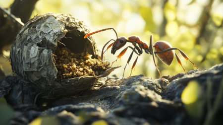 Detailed view of an ant carrying food back to its nest, emphasizing its strong mandibles and the texture of its body in a natural setting.の素材