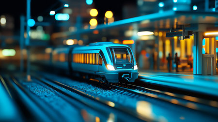 Detailed shot of an electric train station with a train arriving, capturing the train high-tech design and the bustling activity on the platform.の素材