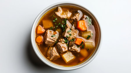 Detailed view of a bowl of hot soup with a thick, hearty texture, featuring chunks of meat and vegetables, set against a simple white backdrop.の素材