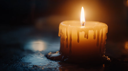 Detailed shot of a single candle flame with a focus on the delicate, dancing light and the melting wax surrounding it, evoking a cozy atmosphereの素材