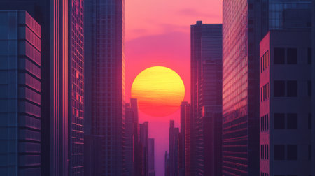 Detailed shot of the sun setting between modern high-rises, with the buildings framing the vibrant colors of the sky and the glowing orb of the sun.の素材