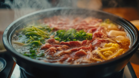 Detailed view of a hot pot with a variety of ingredients, such as thinly sliced meat and fresh vegetables, steaming and cooking in the rich, aromatic broth.の素材