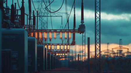 Detailed shot of high-voltage power lines and electrical equipment at a power plant, emphasizing the complexity and precision of the infrastructure.の素材