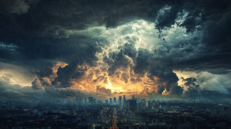 Detailed view of a summer storm with torrential rain and thunderclouds, showing a cityscape affected by the heavy weather and darkening skiesの素材