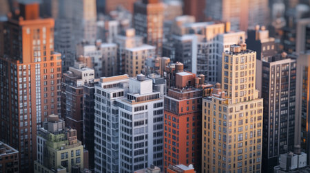 Detailed view of a group of tall buildings in a bustling city center, highlighting the density and scale of the urban landscape.の素材