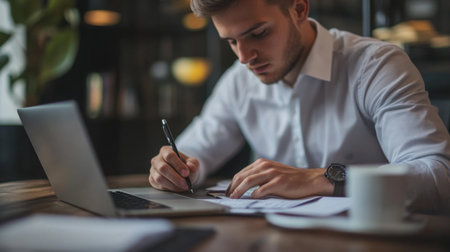 Detailed view of a young businessman working at his desk with a laptop, notes, and a cup of coffee, reflecting a productive and organized workspace.の素材