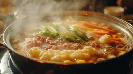 Detailed view of a steaming hot pot with a close focus on the broth and ingredients, showcasing the texture and freshness of vegetables and meat as they cook.の素材