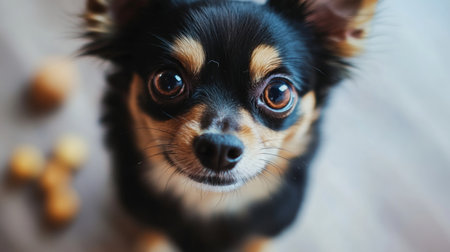Detailed view of a small, cute dog with a bright, curious gaze, captured in a moment of playfulness with a toy or treat.の素材