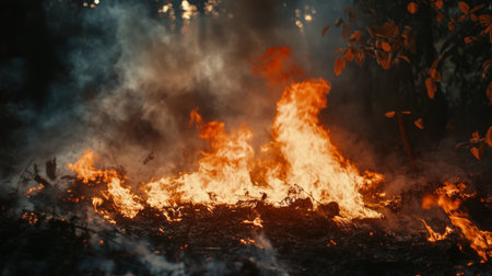 Detailed view of a controlled burn in a controlled environment, with flames and smoke rising in a safe and managed setting.の素材