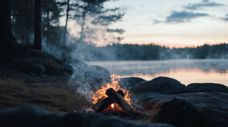Detailed view of smoke emerging from a campfire, with the gentle wisps of smoke blending with the evening sky and surrounding natureの素材