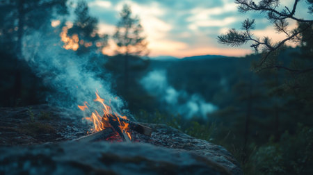 Detailed view of smoke emerging from a campfire, with the gentle wisps of smoke blending with the evening sky and surrounding natureの素材