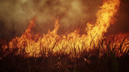 High-definition shot of a fire burning through a field, with the blaze spreading rapidly and smoke rising against a backdrop of dry vegetationの素材
