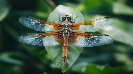 High-definition shot of a dragonfly resting on a leaf, with a focus on its intricate wing patterns and colorful body, set against a natural backdrop.の素材