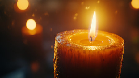 High-definition shot of a candle with a bright, steady flame, highlighting the texture of the wax and the warm, inviting light it emits.の素材