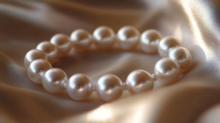 Macro shot of a pearl bracelet resting on a silk fabric, focusing on the soft shimmer and perfect roundness of the pearls.の素材