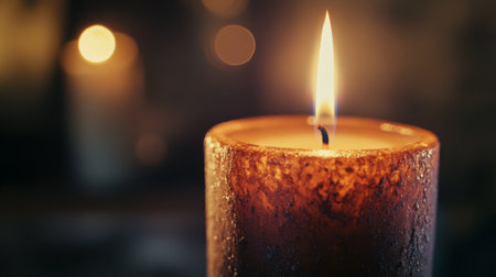High-definition shot of a candle with a bright, steady flame, highlighting the texture of the wax and the warm, inviting light it emits.の素材