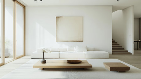 Elegant minimalist home interior with clean lines, neutral colors, and modern furnishings, creating a serene and uncluttered living space.の素材