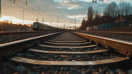 High-definition shot of a railway track with a train approaching in the distance, capturing the movement and the structure of the tracks.の素材
