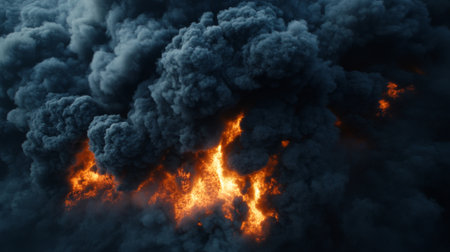 High-definition shot of dark, billowing smoke from an industrial fire, with an emphasis on the scale and intensity of the smoke cloud.の素材