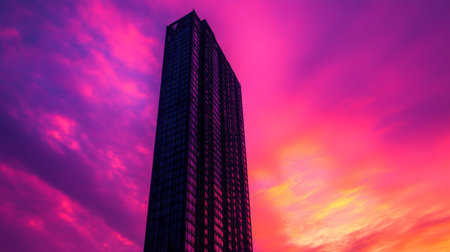 High-definition shot of a tall residential skyscraper at sunset, with the building silhouette contrasting against the vibrant colors of the sky.の素材
