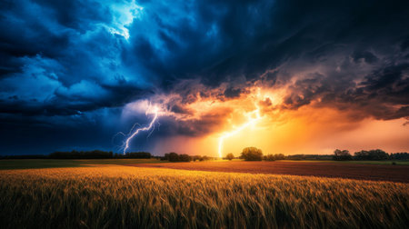 High-definition shot of a lightning storm over a rural landscape, with dark clouds and bright lightning illuminating the field and stormy atmosphere.の素材