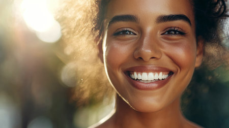 High-definition shot of a woman with a confident, wide smile, emphasizing her perfectly white teeth and the freshness of her smile.の素材