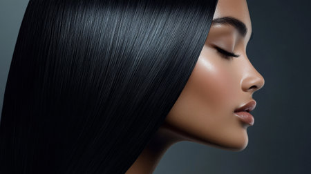High-resolution close-up of a woman with sleek, straight hair, styled to perfection with a glossy finish, emphasizing the smoothness and shine.の素材