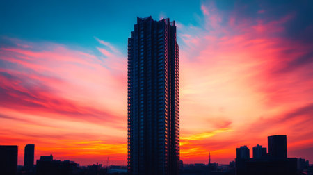 High-definition shot of a tall residential skyscraper at sunset, with the building silhouette contrasting against the vibrant colors of the sky.の素材
