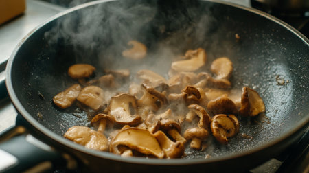 High-definition shot of a shiitake mushroom being saut in a pan, capturing the sizzling action and the golden-brown color developing on the mushrooms.の素材