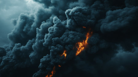 High-definition shot of dark, billowing smoke from an industrial fire, with an emphasis on the scale and intensity of the smoke cloud.の素材